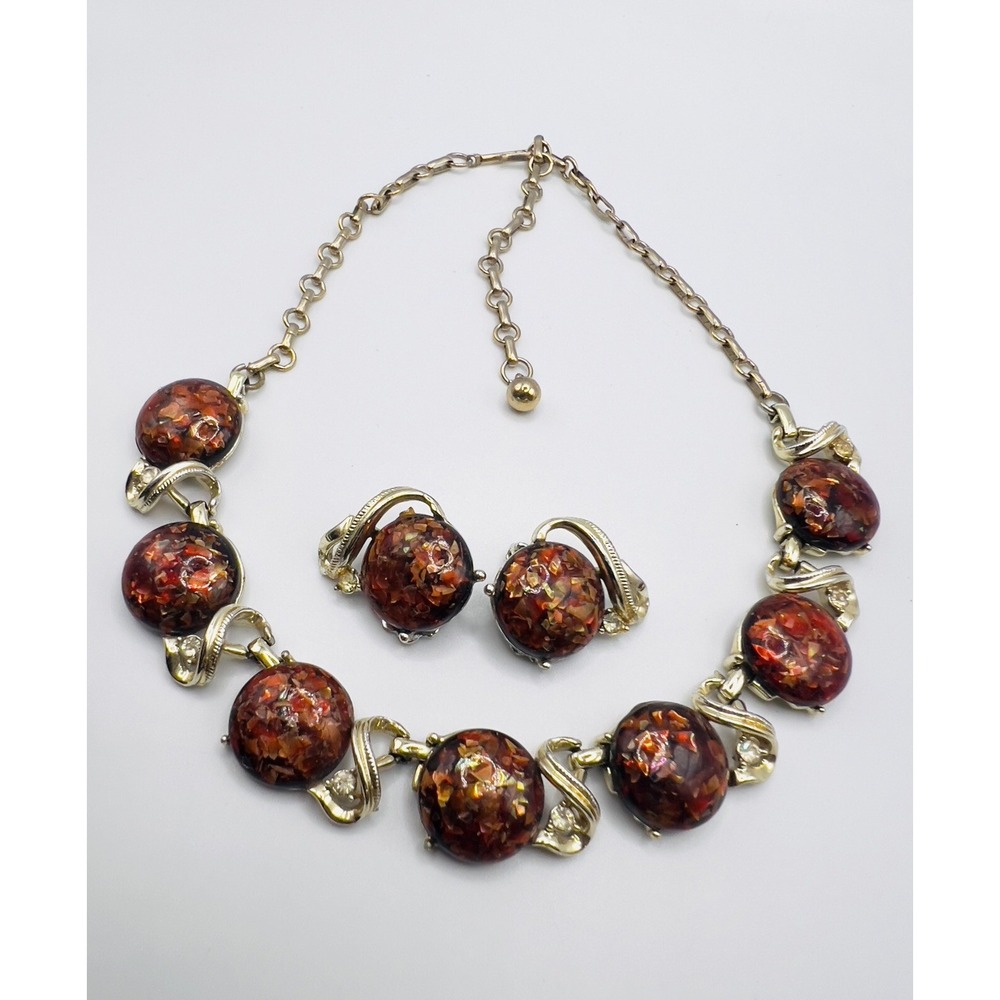 Vintage Coro Red Confetti Cabochon Necklace And‎ Earrings Set